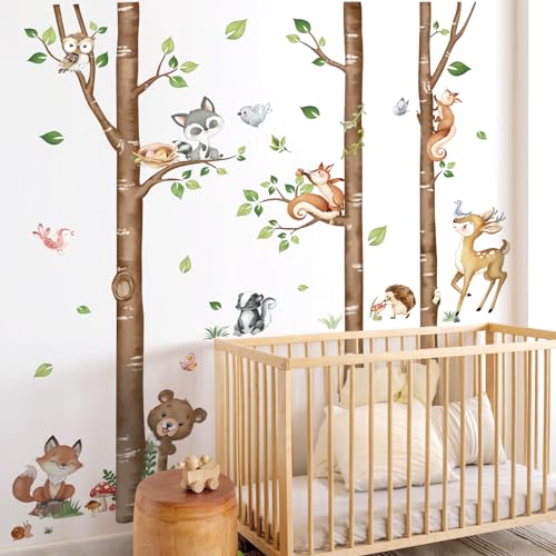 Image of decalmile Large Birch Tree Forest Animals Wall Stickers Bear Rabbit Fox Deer Wall Decals Baby Nursery Toddler Bedroom Living Room Wall Decor(H: 63inches/ 160cm)