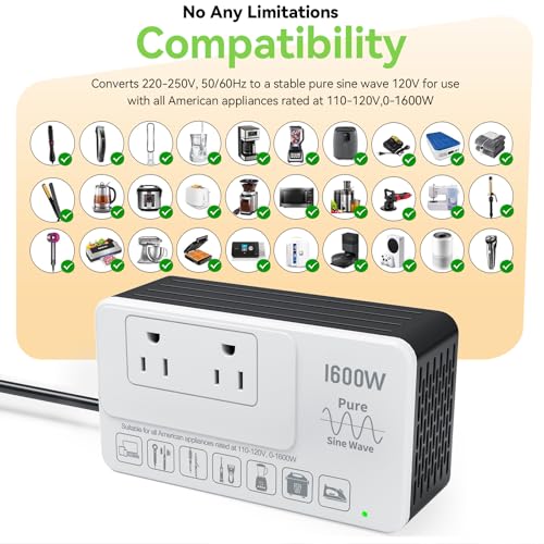 220V to 110V Converter US to Europe, Voltage Converter for European Travel, 1600W - Plug & Play, Power Any U.S. Appliances Overseas, Step Down Transformer Universal Adapter for International Travel4