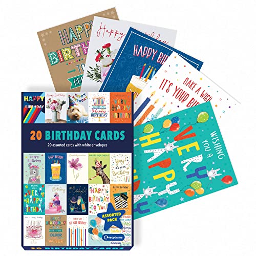 Piccadilly Greetings Box of assorted Birthday Cards Multipack | Birthday Cards pack of 20 | 5x7 inches | Includes 20 unique colourful designs with white envelopes suitable for all ages and genders.