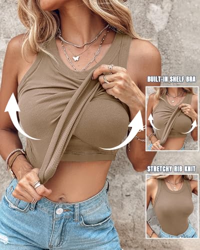 Image of CHICME Women Built-in Bra Tank Tops Sleeveless Casual Shirts Racerback Ribbed Fitted Tank Tops