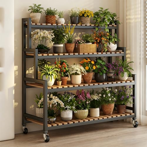 Soporte para plantas de interior con ruedas de metal móviles, diseño escalonado para balcones, jardines, floristerías, versátil de 60 cm de altura, perfecto para uso en interiores