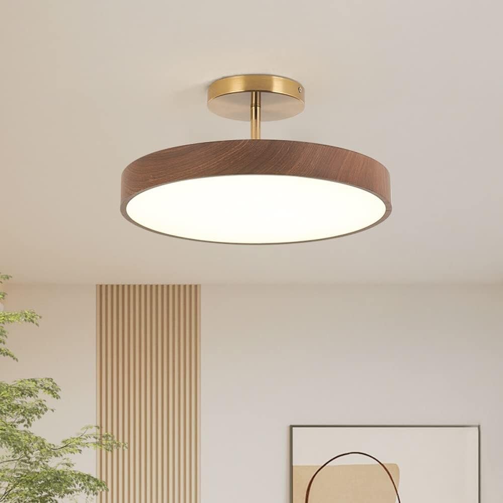 Plafon de Techo Moderno Lámpara de Techo Japonesa Moderna para Dormitorio LED de 24 W Redonda con Veta de Madera para Sala de Estar (Color Nogal)