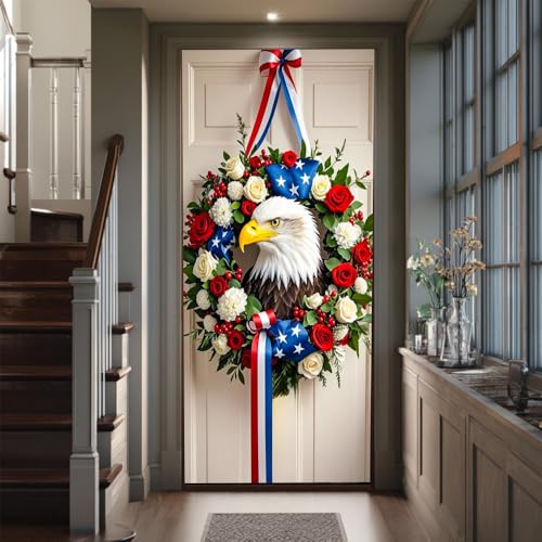 Image of Patriotic Eagle Door Cover 35x71in USA Flag Rose Ring