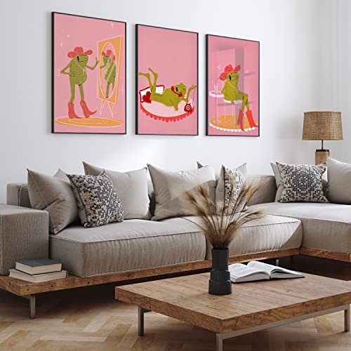 Skinge Trendy Green Frog Poster Cute Pink Posters For Room Aesthetic Decor 3 Piece Cowgirl Pink Canvas Wall Art Print Pictures For Kitchen Bedroom Bathroom Room Decor 12X16In Unframed #TOP4