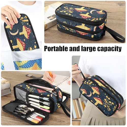 Image of Fustylead Mystical Aesthetic Mushrooms Moon Stars Large Pencil Bag Storage Pen Case Makeup Pouch Stationery Bag for School College Office Organizer