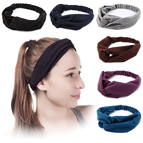 6 Pcs: Solid Color Twisted Knotted Cotton Multi-Style Headbands for Women Sports or Fashion
