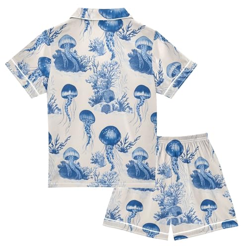Blue Jellyfish Coral Pajamas Sets Short Sleeve Silk Stain Pjs Button Down Sleepwear for 5-14Y2