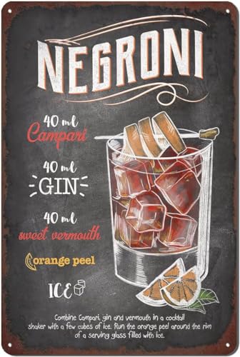 Negroni - Targa in metallo con ricette cocktail vintage, per bar, decorazione da parete per casa, bar, 30,5 x 20,3 cm