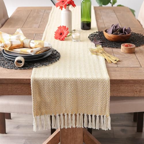 Image of THE HOME TALK Premium Cotton Chevron 4-6 Seater Table Runner - 14x72 Inches - Yellow|Elegant Dining|Handcrafted Quality|Stylish Console Decor for Dining Table, Parties, Events
