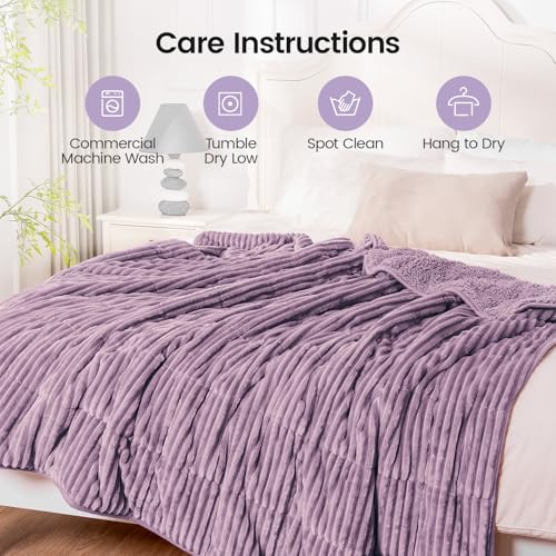 Image of Sherpa Fleece Weighted Blanket with Ribbed Stripes for Adults, 15 lbs Dual Sided Cozy Warm Blanket for Couch Full Size Bed, Glass Beads Heavy Thick Blankets Great for Sleep, Light Purple, 60 inch x 80 inch