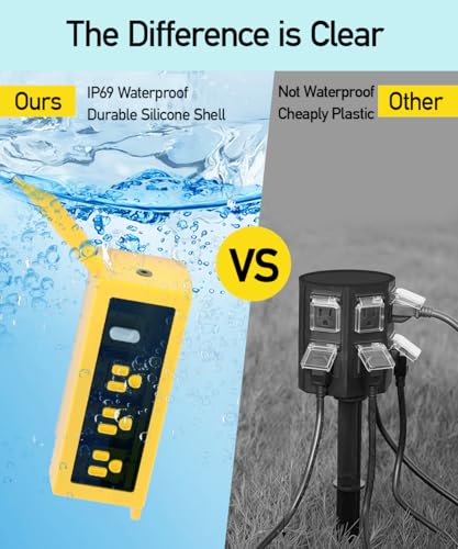 Image of Outdoor Power Strip Weatherproof, ZZJ IP69 Grade Waterproof Surge Protector, 25 FT Outdoor Extension Cord with Stake, 6 AC Outlets,14 AWG Heavy Duty Cord for Outdoor Patio Garden-Yellow