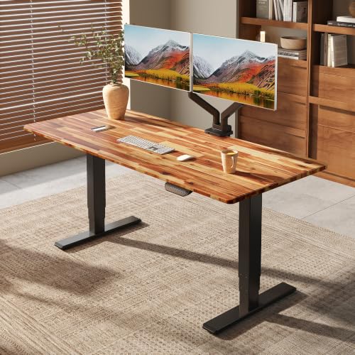 Image of FLEXISPOT E6 MAX Woodix Acacia Solid Wood 48 inchx24 inch Dual Motor Heavy Duty Standing Desk, 330lbs Capacity, 3-Stage Height Adjustable Desk w /Cable Management & Wheels(Natural Acacia Wood + Black Frame)