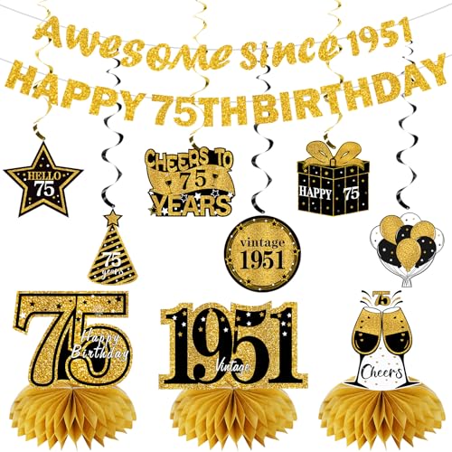 Image of Kuxriox 11Pcs 75th Birthday Decorations Kit for Men Women, Black Gold Happy 75th Birthday Banner, Awesome Since 1951 Centerpieces Swirls Party Supplies, 75 Bday Banner Ceiling Table Topper Sign