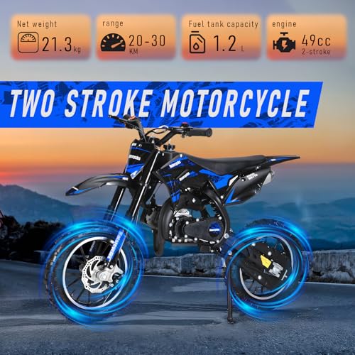 Image of 50CC Kids Dirt Bike,2-Stroke Gas Powered Mini Dirt Bike for Kids Up to 35 MPH Off-Road Motorcycle with 10-Inch Tires Disc Brakes 330LBS Max Load Pull Start Gift for Boys Girls Youth 8-14 (Blue 2026)