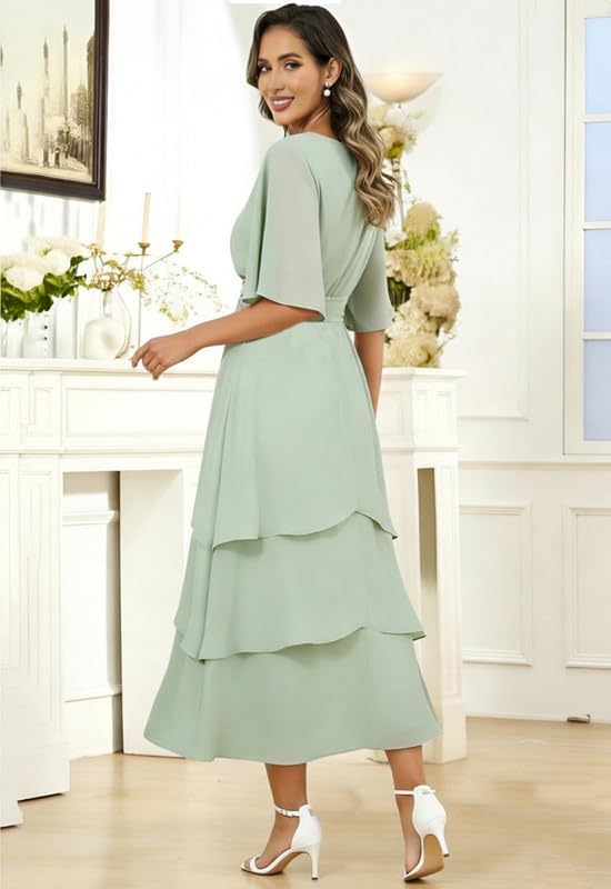 Chiffon Mother of The Bride Dresses for Women Tea Length Short Sleeve Ruffles Formal Dress Evening Gown - Image 2