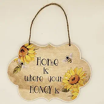 WINTI Vintage Fashion Wooden Plaque Bee Flower Print Front Door Window Wood Sign home is where you