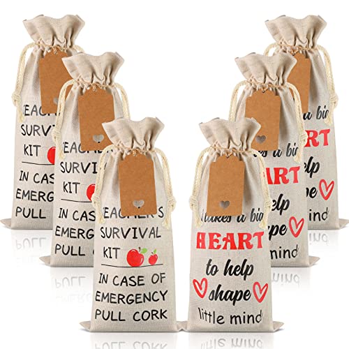 6 Pieces Teacher Appreciation Gift Wine Bags for Women Men, Burlap Wine Bottle Bags with Drawstrings and Tags End of Year Graduation Thank You Gifts for Teacher