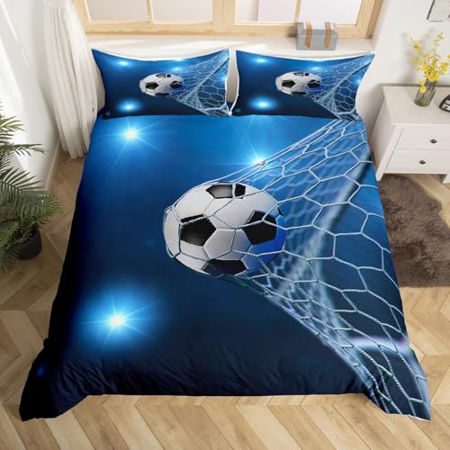 Feelyou Rugby Sports Bedding Set Football Comforter Cover Set for Kids Teens Soccer Ball Game Duvet Cover Gift for Soccer Lover Blue Bedspread Cover Room Decor Queen Size Bedspread Cover 3Pcs