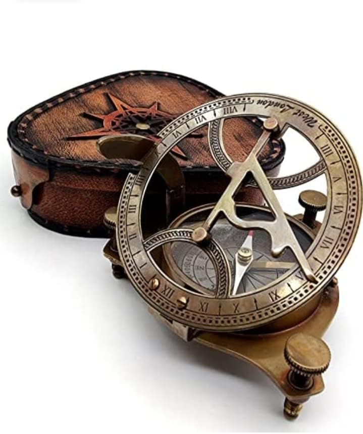 Vintage Nautical West London Sundial Compass 4'' inches Premium Quality Handcrafted Brass Compass with Hand Stitched Leather Case Box Maritime Decor Gifts Steampunk