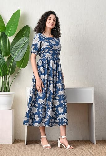 Image of Ichaa Women's Aqua Rayon Printed Maternity Dress with Feeding Zips and Pocket, in Plus Sizes