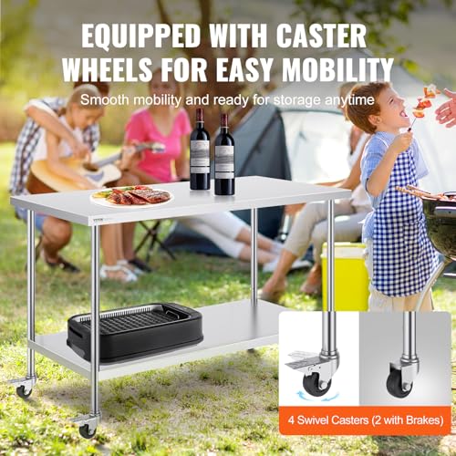 Image of VEVOR Stainless Steel Work Table 30 x 60 x 38 Inch, with 4 Wheels, 3 Adjustable Height Levels, Heavy Duty Food Prep Worktable for Commercial Kitchen Restaurant, Silver