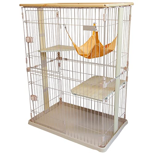 ケージ 猫 2段 キャットケージ おしゃれ 木製フレーム ハンモック ゲージ 大型 多頭飼い ステップ 猫用 ナチュラル