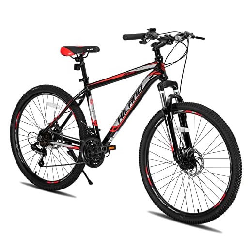 Hiland 26 Inch Mountain Bike Aluminum MTB Bicycle with 17 Inch Frame Kickstand Disc-Brake Suspension Fork Cycling Urban Commuter City Bicycle Black Red