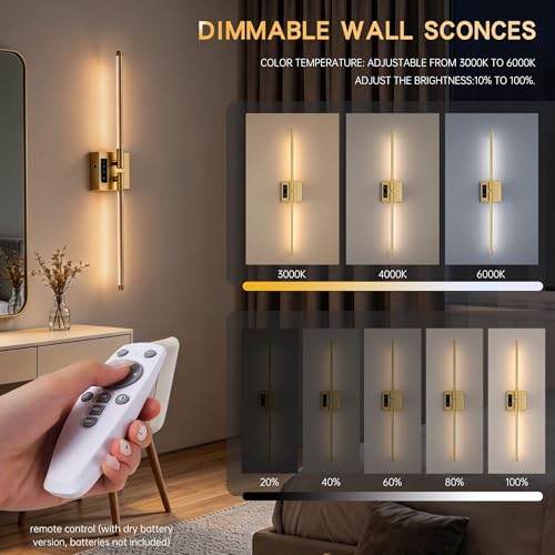 GIDERWEL Battery Operated Wall Sconce of 2,Dimmable 3000K-6000K Magnetic 360° DIY Rotate Rechargeable LED Wall Lamp with Remote,Cordless Night Light Decor Light for Hallway, Living Room,Bedroom,Gold — view 2
