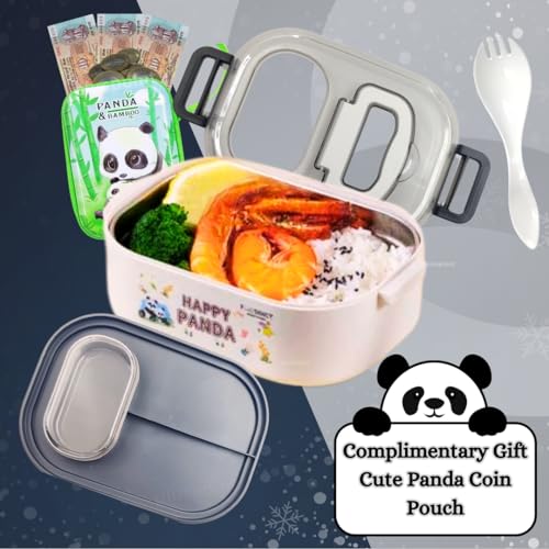 Image of PLUSPOINT Panda Stainless Steel Cute Cartoon Lunch Box for Kids Microwave Safe Insulated Tiffin Box Tableware Set Portable Containers Tiffin Box for School Boys, Girls (Panda) 700 ML