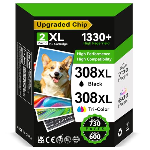 ECOINKO Cartuchos 308XL BK+CMY   1330+ Páginas, Reemplazo para Tinta HP 308 XL Negro y Color Originales, Tinta Impresora 308 XL para HP Envy 6100e 6120e 6122e 6132e 6520e Deskjet 2910 2920 2921