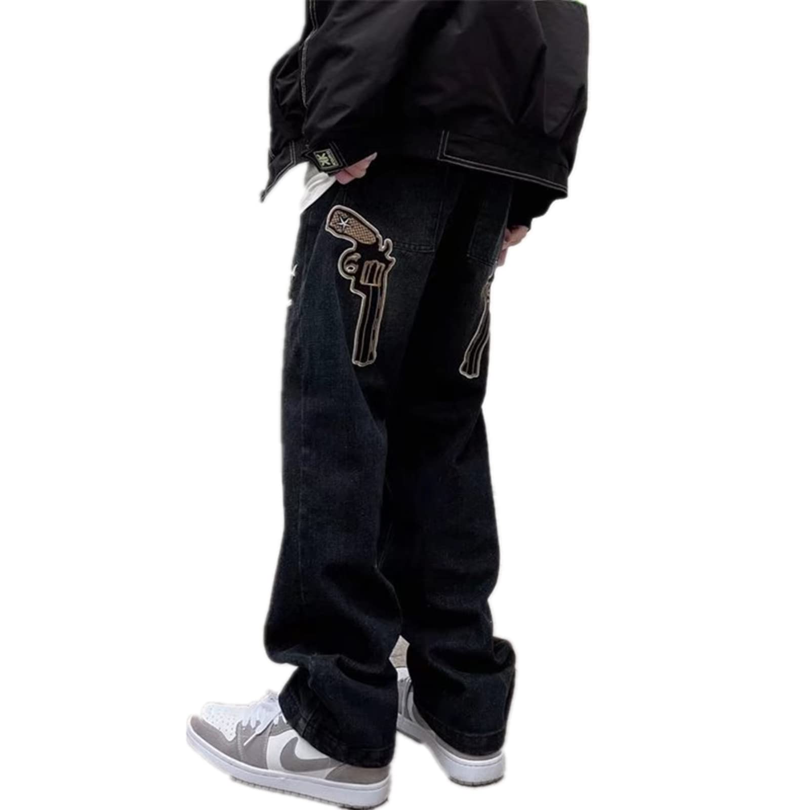 StopDirt Pants Men Retro Embroidery Gun High Waist Jeans for Men and Women High Street Hip Hop Loose Tide Man Baggy Pants