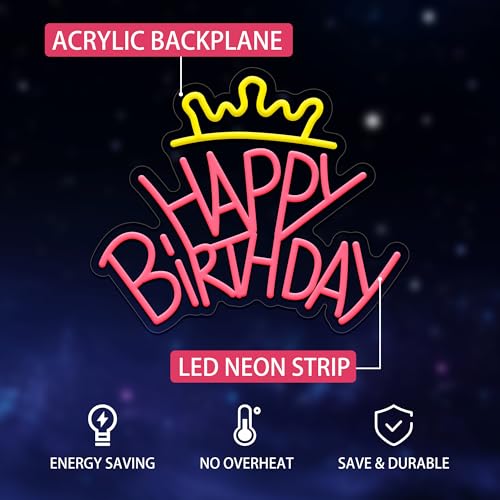 Image of Happy Birthday Neon Sign for Wall Decor, USB Powered Happy Birthday Led Sign, Reusable Birthday Light Up Sign for Boys and Girls, Party Sign for Bedroom and Livingroom