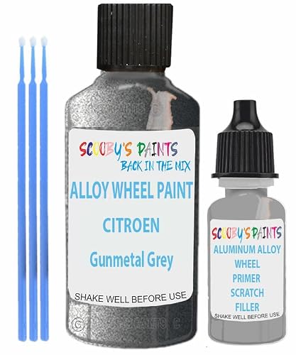 Scoobys Paints Back In The Mix Gunmetal Grey Metallic Alloy Wheel Repair Touch Up Paint Compatible With Citroen Rims Curbing Scratch Stone Chip With Anti Rust Grey Primer