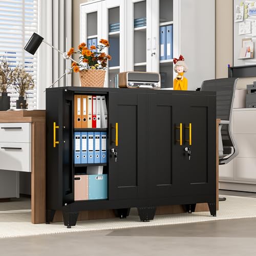 Image of pozdeg 35.43 inch Lockable Metal Storage Cabinet, Steel Office File Cabinet | Garage Tool Cabinet with 2 Adjustable Shelves, Freestanding Multi‑Purpose Cabinet for Home, Office & Garage, Black