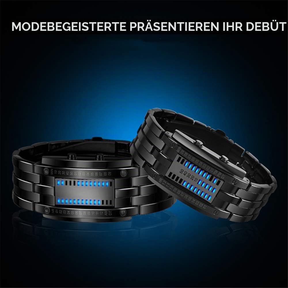 Unisex Binär Digitale Uhren Schwarz Edelstahl Fashion Casual Stil Eckig Zifferblatt Blau LED Licht Einzigartig Armbanduhren Kalender