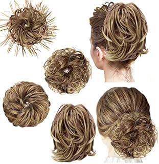 4 Pcs Messy Hair Bun Straight Hair Bun for Women Hair Extensions Short Ponytail Bun Elastic Easy Scrunchies Hairpiece Curly Hair Accessories (Brown mix Blond/12H24, Basic Style)
