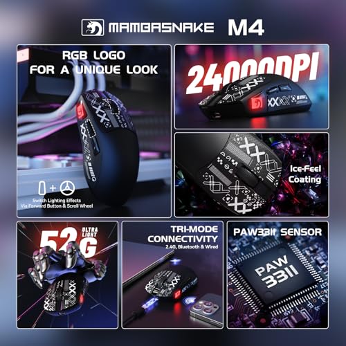 Image of ATTACK SHARK x MAMBASNAKE M4 Wireless Gaming Mouse, 24000 Adjustable DPI PAW3311 Optical Sensor, Programmed Buttons, 52g Lightweight Ergonomic Computer Mice 2.4G /BT /USB-C for PC /Mac-Black&Griptape