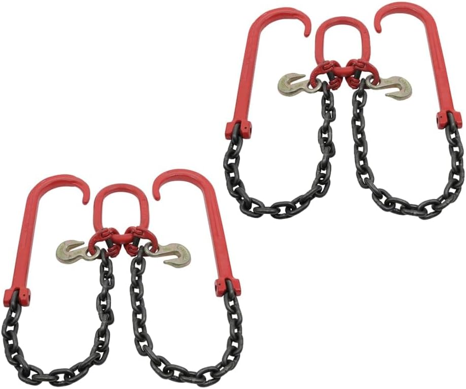 Mytee Products (2 Pack) 3/8" x 2' Leg G80 V Bridle Tow Chain w/Two 15" J-Hook & Eye Cradle Grab Hook - 7100 LBS WLL Long Shank J Hook Transport Tow Truck Chain for Car Towing Wrecker Recovery
