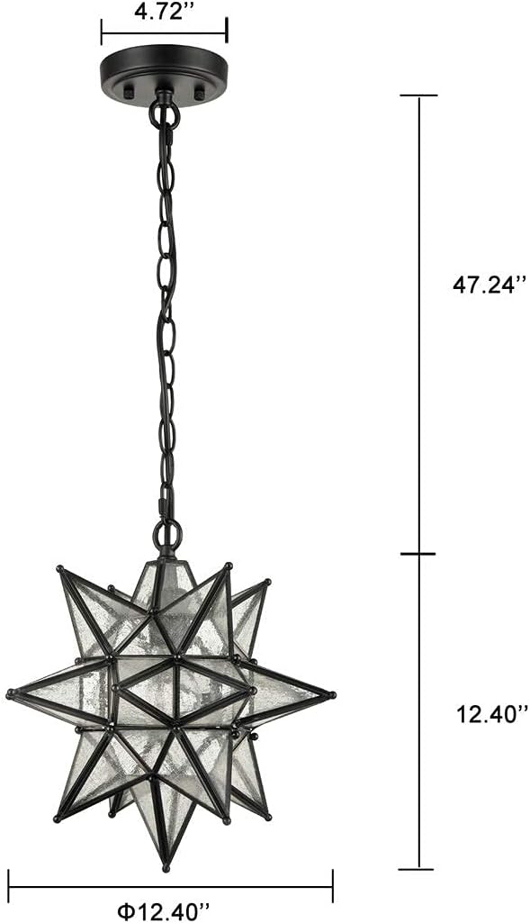 Geometric Black Star Pendant Light with Seeded Glass Shade