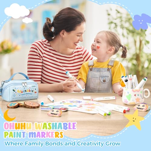 Image of Ohuhu Acrylic Markers Set 24 Colors, Ultra-Washable Markers for Kids Bullet Tip Paint Pens for Rock Painting Easter Eggs Wood Glass Ceramic Canvas School Classroom