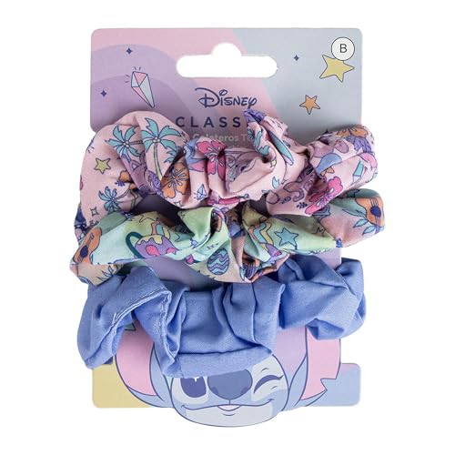 CERDÁ LIFE'S LITTLE MOMENTS - Set de 3 Coleteros Scrunchie de Disney Stitch – Lazos para el Cabello Niñas y Mujeres – Estampado Stitch + 1 liso – Suaves, antideslizantes y cómodos