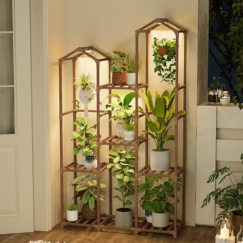 Image of Bamworld Plant Stand with Grow Light Corner Plant Shelf Indoor with Lights Tall Plant Holder for Living Room Warm Light Plant Container Accessories for Mutiple Pots Patio Boho Home Decor for Gardening