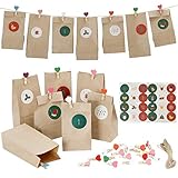 ♚Material de alta calidad:Papel Kraft reutilizable fuerte y grueso sin olor, el material no es tóxico y es reciclable. Son seguros de usar para envolver cualquier alimento. Las pegatinas de calendario son delicadas e impermeables, las abrazaderas de madera son bonitas y útiles para sellar las bolsas, la cuerda de lino es lo suficientemente larga como para que puedas hacer más decoraciones