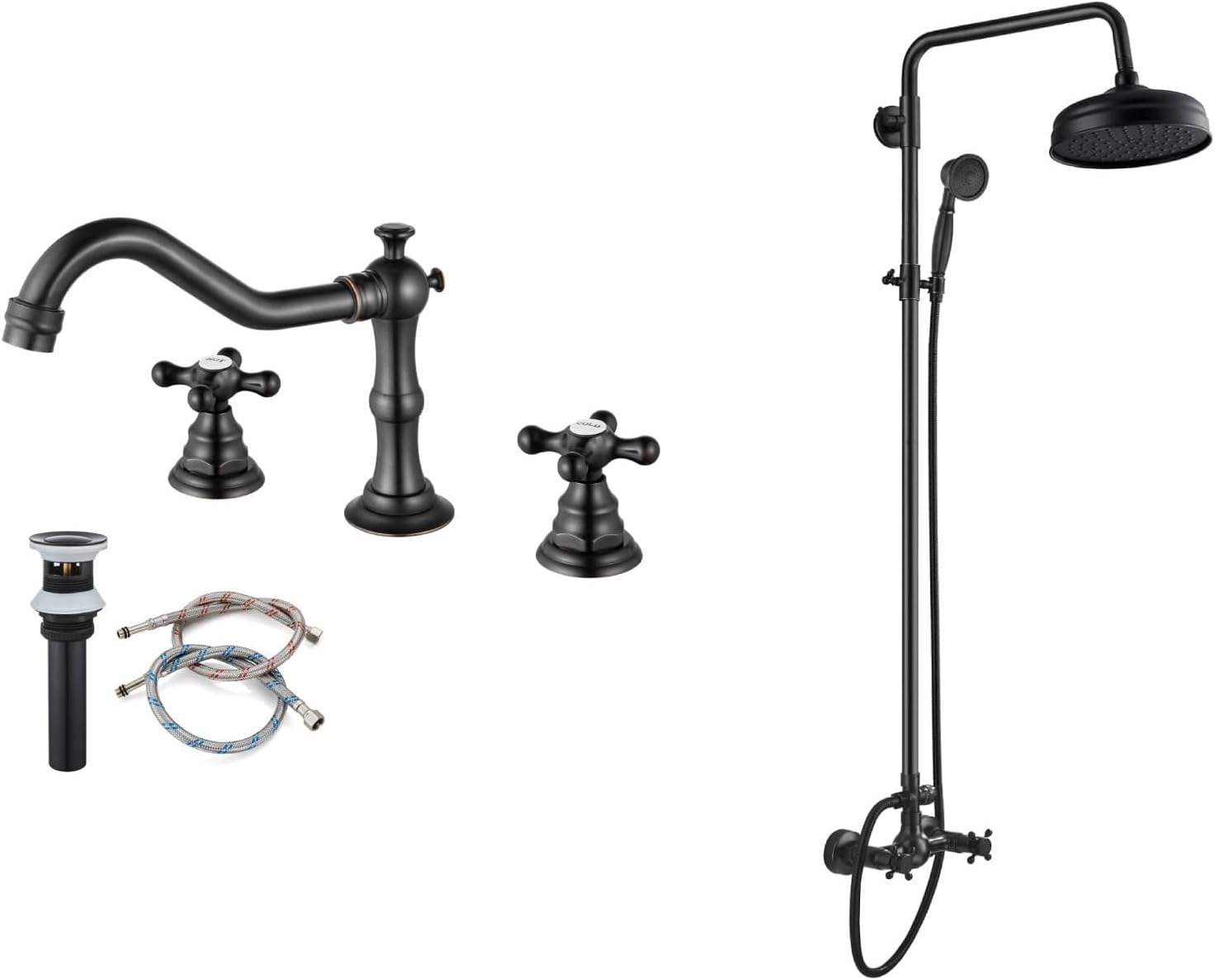 gotonovo Oil Rubbed Bronze 3 Hole Bathroom Sink Widespread Faucet Mixing Tap Deck Mount and Exposed Shower Fixture Set 2 Functions with Rainfall Shower Head, Handheld Spray
