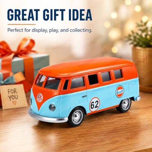 Image of VWT1 1:32 Scale Die-Cast Toy Bus with Pull Back Action, Lights and Music, Openable Side Door, Rolling Wheels, Retro Camper Van Collectible Model for Kids, Adults, Display, Play and Gifting