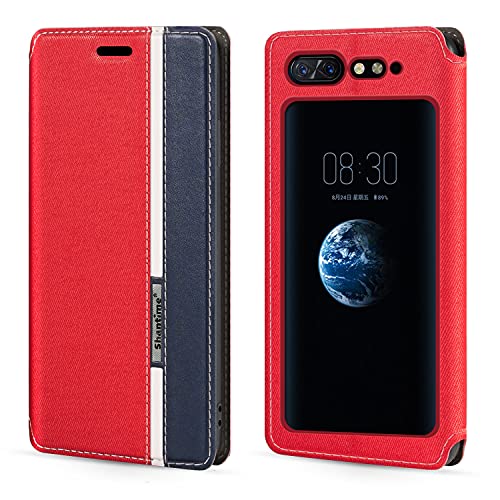 Shantime Funda Tipo Libro de Piel Sintética con Rayas Compatible con ZTE Nubia X 5G, Cierre Magnético Oculto, Ranura y Diseño a Contraste(Rojo)