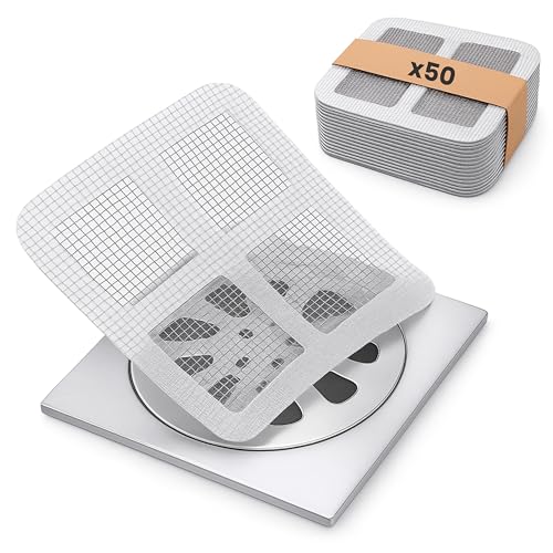 HKaizen Rejillas Desechables para Ducha (50 Uds) | Filtro Atrapa Pelos Adhesivo para Desagüe | Rejilla Antipelos Baño 10×10 cm | Evita Atascos y Mantiene tu Ducha Limpia