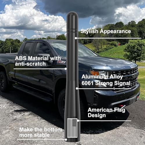 Image of Car Truck Short Antenna 4 inch with Tire Valve Caps American Flag Universal Replacement for GMC Sierra Chevy Silverado Dodge Ram 1500 2500 3500 Ford F150 F250 F350 Super Duty Bronco Raptor, Black