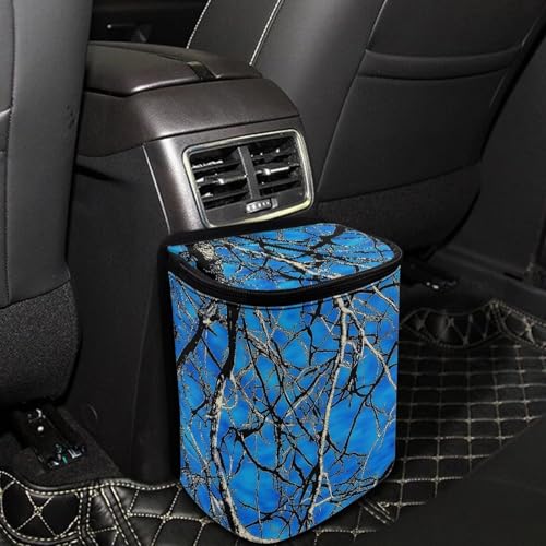 Image of KEIAHUAN Blue Branch Camo Car Trash Can with Lid Multipurpose Collapsible Trash Bin for Car Hanging Vehicle Trash Bag Small Portable Automotive Garbage Cans Vehicle Interior Accessories