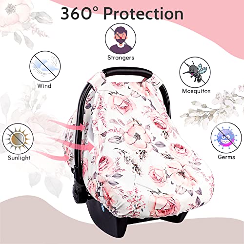 Image of Carseat Cover Girls, Floral Baby Carseat Canopy with Zipper Mesh, Infant Stroller Cover, Watercolor Pink Flower